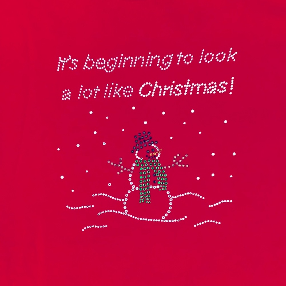 Snowman Cotton Tee Red Festive Winter Embellished Christmas Holiday